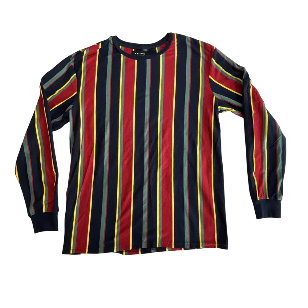PAC SUN Men's Large L Navy Red Yellow Green Striped Long Sleeve Crew Neck Shirt